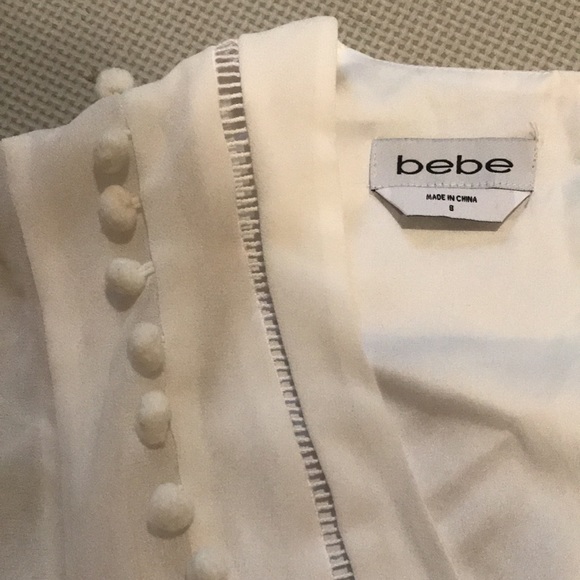Bebe Pom Ruffle Drop Waist White Blouse Chiffon Top V-Neck Sheer Work Career - Picture 5 of 14